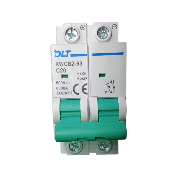 BREAKER "DC" TERMOMAGNETICO 2X20A 63A, 1 POLO, CURVA DISPARO TIPO C, RIEL  1