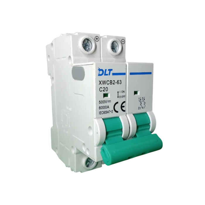 BREAKER "DC" TERMOMAGNETICO 2X20A 63A, 1 POLO, CURVA DISPARO TIPO C, RIEL  2